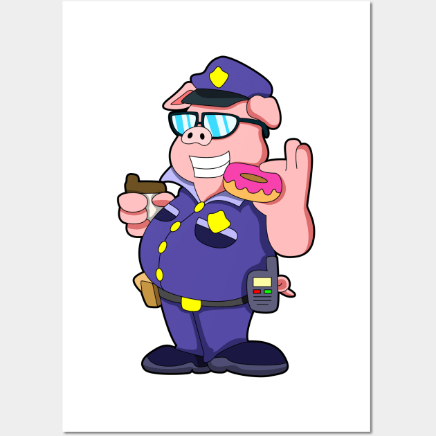 Pig as Police officer with Sunglasses & Donut Wall Art by Markus Schnabel